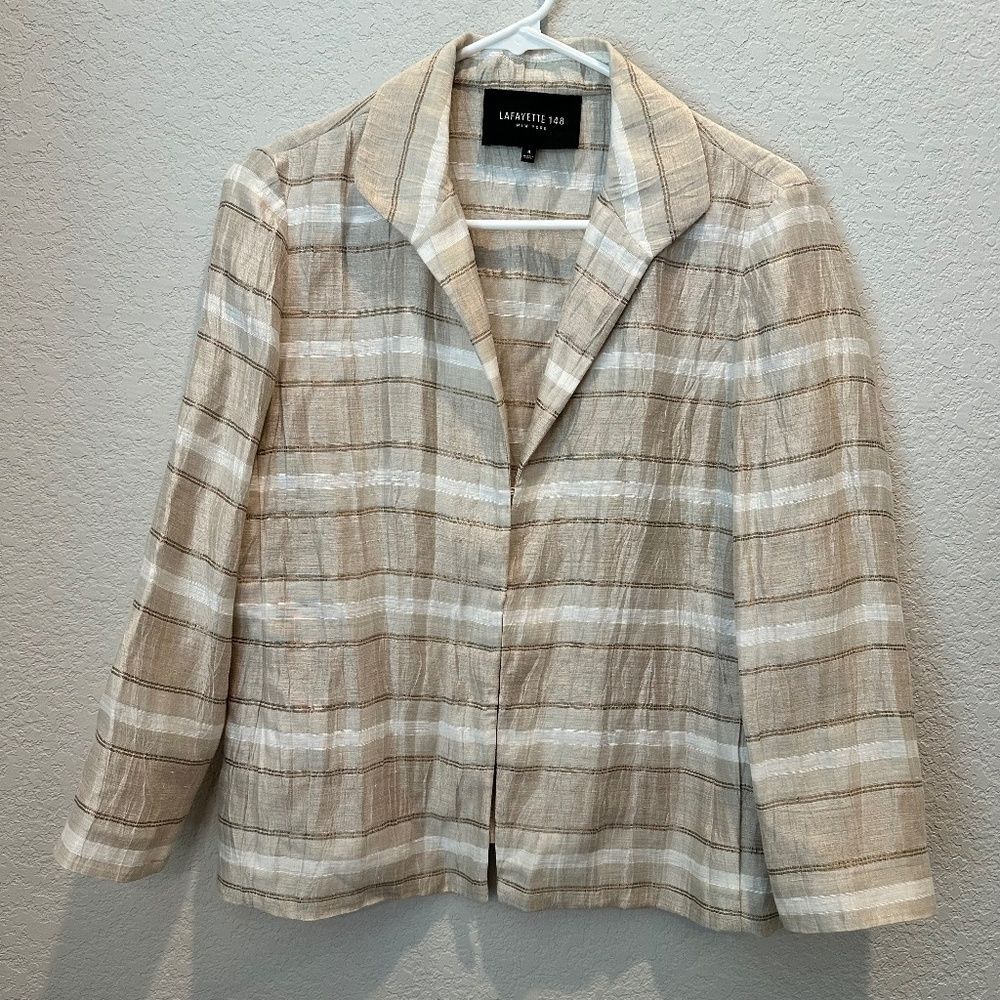 Lafayette 148 Tan White Linen Blend Crinkle Texture Fabric Blazer - Size 4 - EUC